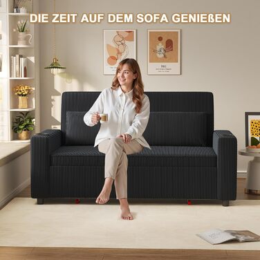 Диван-ліжко JUMMICO 2-місний розкладний з подушками, оббивка корд, чорно-синій, 75x160x93 см. Диван для вітальні та спальні з підсклянником