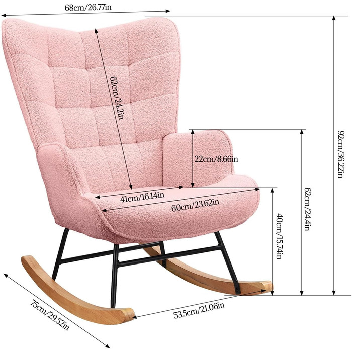 Крісло-гойдалка Liuyoyo з високою спинкою, комфортне крісло з м'яким сидінням, для спальні, офісу, читання, сучасний дизайн (Рожевий)