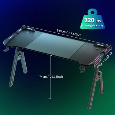 Ігровий стіл 120x60 см, A-Frame, з тримачем для напоїв та гачком для навушників, карбонове покриття, стабільний, ергономічний для дому та офісу, з LED підсвічуванням (140x60 см)