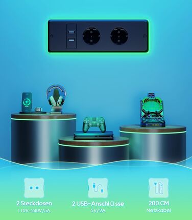 Офісний стіл для геймінгу OffiGo, 140 см, регульована висота, RGB LED, розетки, 3 полиці, тримач для напоїв та навушників, стільниця з карбону, білий (чорний)
