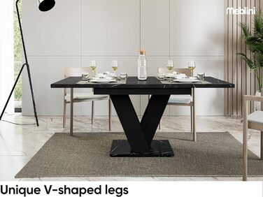 Обідній стіл Mebleini розсувний, сучасний, чорний глянцевий/білий глянцевий (120-160x80x75см, чорний мармур/чорний матовий)