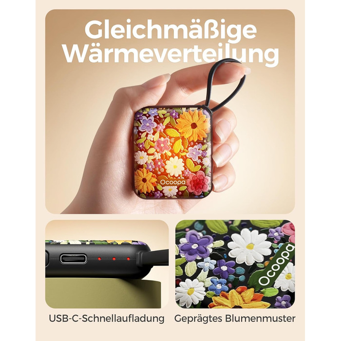 Електричні грілки для рук OCOOPA 2 шт., багаторазові, 4000mAh, USB, 3 режими нагріву, до 52°C, подарунок на Новий рік, для зимового відпочинку, катання на лижах, подорожей та активного відпочинку, UT5 Nano Blühende Farbenpracht (Ocoopa x Künstleredition)