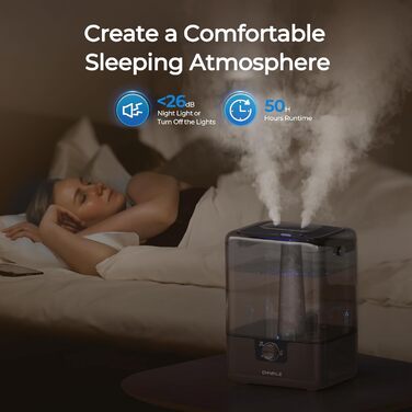 Зволожувач повітря Chivalz Top Fill для великих кімнат 6л з нічником, поворотна на 360° форсунка, аромадифузор, 50 годин, для спальні, дитячої, рослин, немовлят, чорний глянцевий + 2 виходи туману