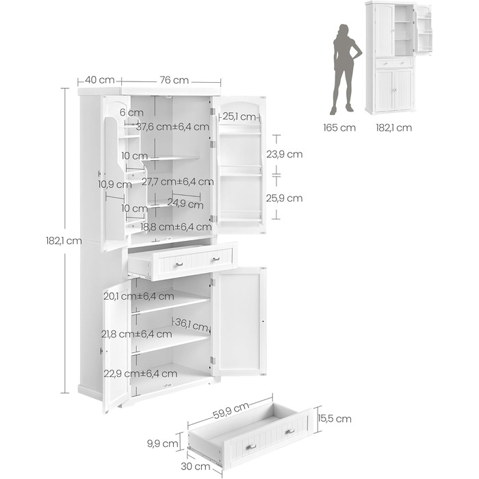 Шафа кухонна VASAGLE, висока, буфет-вітрина, з регульованими полицями, з ящиками, для кухні/вітальні, 40 x 76 x 182,1 см, білий BBC561W21