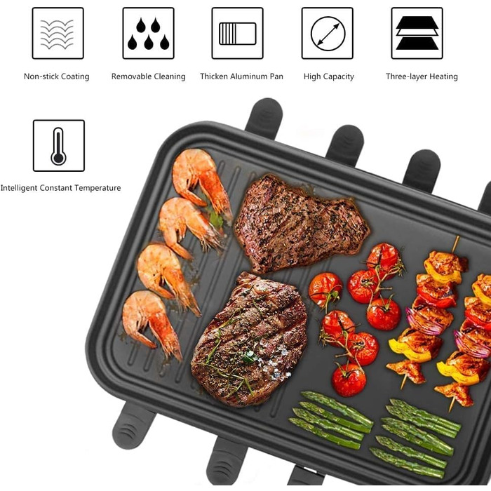 Ракле Грати для 8 осіб з антипригарним покриттям, 1500W, з міні-сковорідками та дерев'яними шпателями