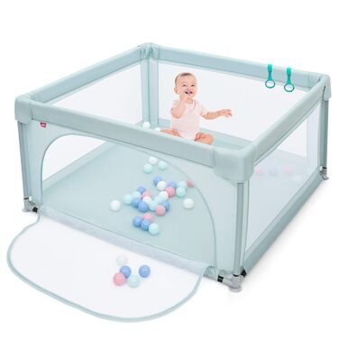 Манеж DREAMADE Baby, 120 x 120 см складний манеж з дверцятами та 50 ігровими м'ячами та кільцем, захисні ворота з дихаючою сіткою та блискавкою (синій, модель 1)