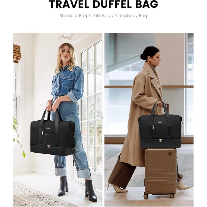 Спортивна сумка LOVEVOOK для жінок, дорожня сумка-валіза, дорожня сумка-мішок, сумка для подорожей, сумка для ручної поклажі в літак, сумка для пологового будинку, сумка для одягу з відділенням для взуття, косметичка, бежево-коричнево-чорна (чорна, 40x20x
