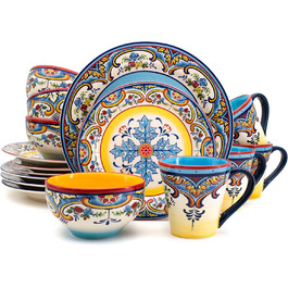 Набір посуду Euro Ceramica Zanzibar Collection, 16 частин, для кухні та їдальні, на 4 особи, з іспанським квітковим візерунком, блакитно-жовтий