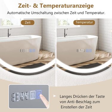 LED дзеркало для ванної кімнати Relax4Life з підсвічуванням, сенсорним вимикачем, протитуманним покриттям, регулюванням яскравості, 3 кольорами світла, індикатором часу та температури (60 x 60 см)