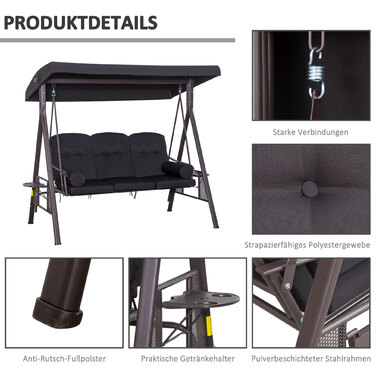 Гойдалка для трьох осіб у стилі Голлівуд, з регульованим дахом, металевий каркас, коричнево-чорна, 116 x 206 x 183 см