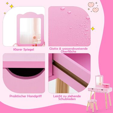 Детский туалетный столик Dreamade с табуретом и съемным зеркалом, принцесс-стиль, с ящиком, из дерева, для девочек (белый/розовый)