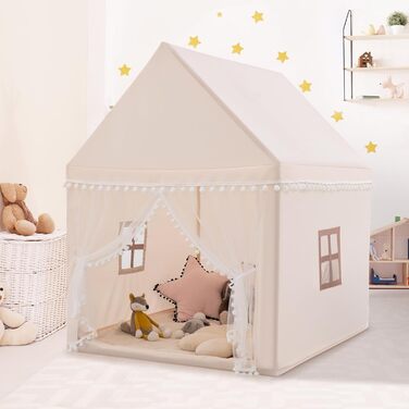 Дитяче намет-ігровий будиночок Dreamade з м'якою дахом та вікнами, дерев'яний каркас, для хлопчиків та дівчаток (Бежевий)