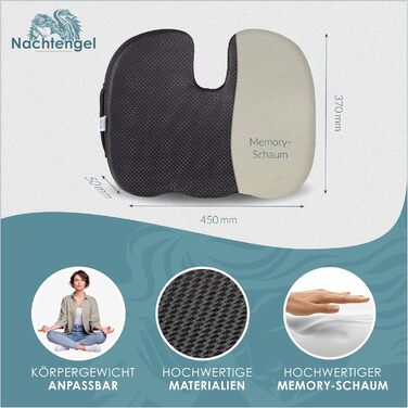 Ортопедична подушка для сидіння Nachtengel з Memory Foam для ергономічного комфорту, полегшення болю в куприку та спині – ідеально для офісного крісла, автосидіння (1 шт, чорний, Medium)