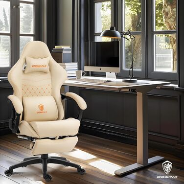 Ігровий крісло Dowinx з регульованою підніжкою, масажером попереку та офісним комфортом, до 200 кг, 165° нахил спинки, бежевий