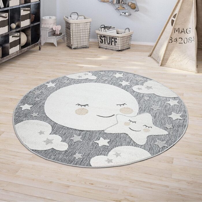 Дитячий килим Дитяча кімната Відкритий килим Круглий ігровий килим 3D ефект Moon Grey, розмір (Ø 160 см круглий)