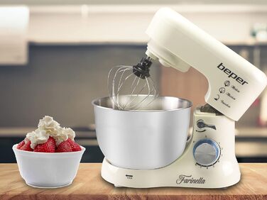 Міксер планетарний BEPER BP.200, 1000 Вт, 4.5 л, нержавіюча сталь, для замішування, подрібнення, приготування тіста, кремового кольору