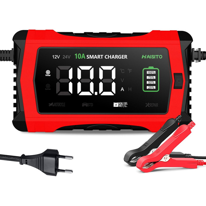 Інтелектуальне зарядне пристрій для акумулятора Haibito 12V/24V 10A з LCD-дисплеєм, для автомобіля