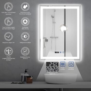 Дзеркало для ванної кімнати YOURLITE з підсвічуванням, 85x55 см, LED, сенсорне керування, 3 кольори світла, регулювання яскравості, антизапар, горизонтальне/вертикальне, IP44, білий (срібний, 80x60 см)