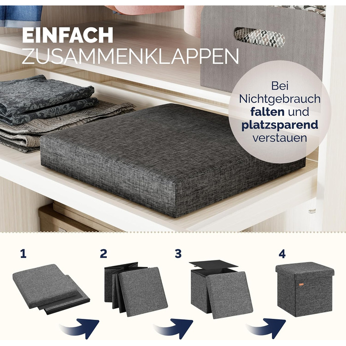 Пуф Casaria® з місцем для зберігання, білий, складний, з кришкою, штучна шкіра, м'який, 38x38 см, для спальні, вітальні, передпокою, білий (2, темно-сірий)