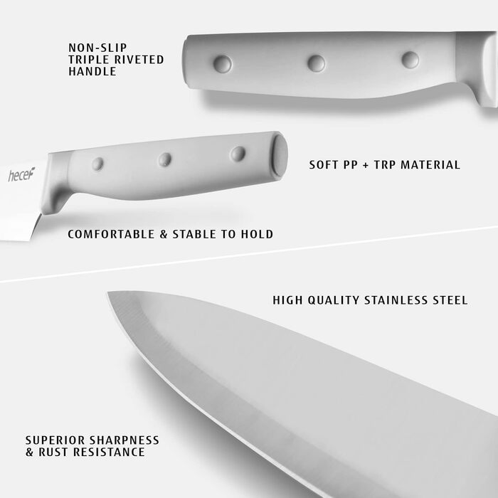 Набір ножів Hecef 14 предметів з дерев'яним блоком, професійний набір кухонних ножів з нержавіючої сталі, з шліфувальником, ножицями та ножем для стейка (сірий)