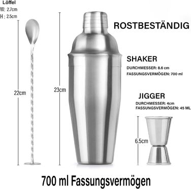 Набір шейкерів для коктейлів Zulay з нержавіючої сталі 700 мл (6 шт.) – шейкер, джиггер, стік та ложка для змішування – для Маргарити та інших коктейлів