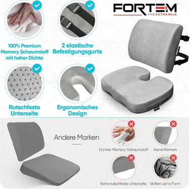 Подушка для сидіння та попереку FORTEM XL: комфорт для офісного крісла, авто, геймінгу. М'яка спинка з memory foam, антиковзаюча підставка для попереку. Велика сіра велюрова підставка для сидіння.
