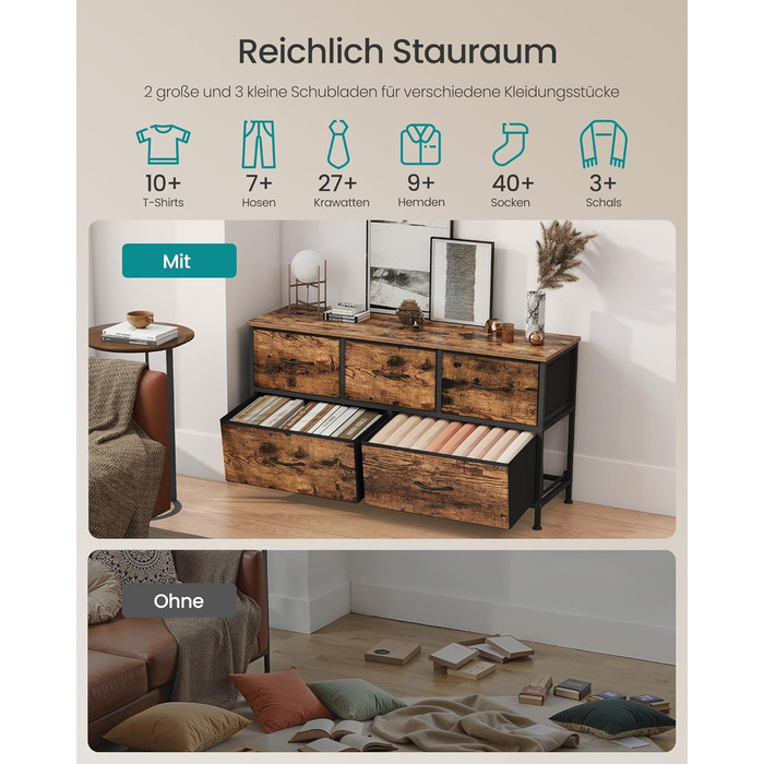 SONGMICS Комод з 7 висувних ящиків, шафа для зберігання, сталь, MDF, фліс, для спальні, коридору, вітальні, кольори: білий, коричневий, чорний (LGS323WH01)