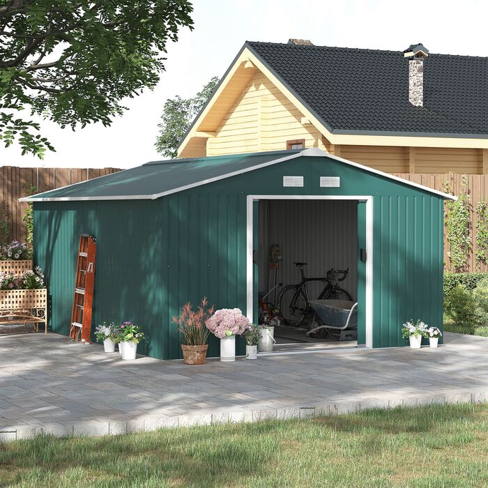 Outsunny Garden сарай 12,4 м², садовий сарай з односхилим дахом, розсувні двері, фундамент, 340 x 386 x 200 см, садовий сарай з оцинкованої сталі, стійкий до погодних умов, для саду, темно-зелений | Аосом