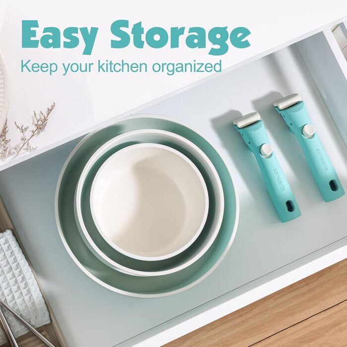 Набір каструль SENSARTE з керамічним покриттям (17 предметів) – антипригарне посуд з знімними ручками, для всіх плит, безпечне, миється в посудомийній машині, сумісне з духовкою (Турквіс)