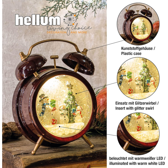 LED ліхтар Hellum Снігова куля на Новий Рік, 14x20 см, святкова прикраса, батарейний, прикраса на Різдво, 524321 (Сніговик, будильник)