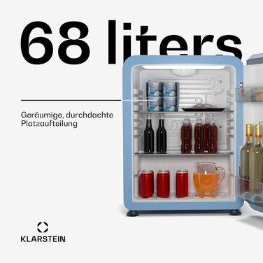 Холодильник Klarstein Audrey Evo 68L: Ретро-дизайн, тихий (40 dB), компресор, регульовані ніжки, двері, що відкидаються, для спальні та офісу (68 л, енергоклас E, блакитний)