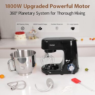 Потужна кухонна машина 1800W з великою чашею 7.2 л з нержавіючої сталі, міксер, насадки для тіста, збивання та взбивання
