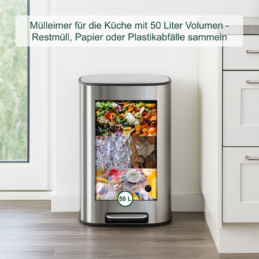 Relaxdays 50-Liter Stainless Steel Kitchen Trash Can