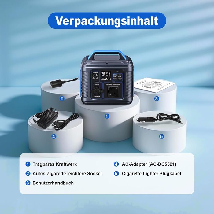 Портативна електростанція SBAOH 538.7Wh сонячний генератор, акумулятор з виходами AC/USB, 300W для подорожей, кемпінгу, відпочинку на природі та надзвичайних ситуацій