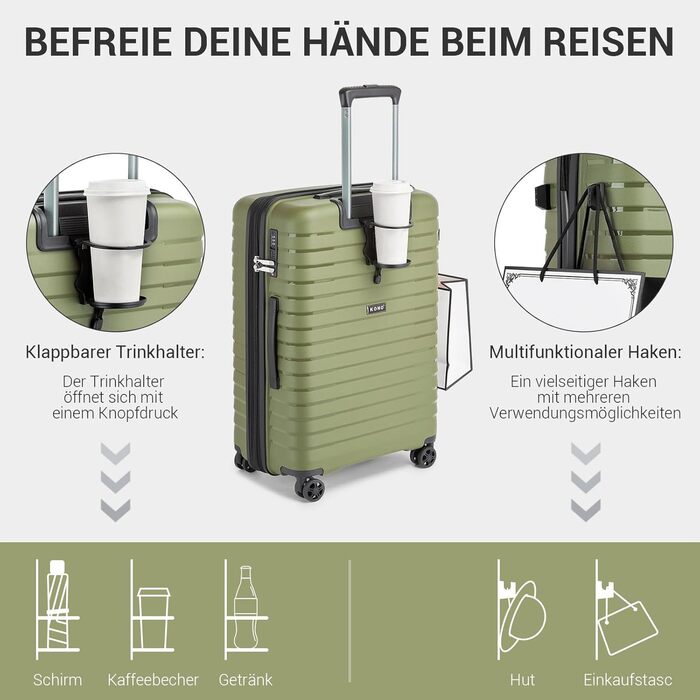 Чемодан KONO середнього розміру з жорсткою обшивкою, PP, з 4 колесами, розширюваний, легкий, з тримачем для напоїв та TSA замком (Зелений, L)