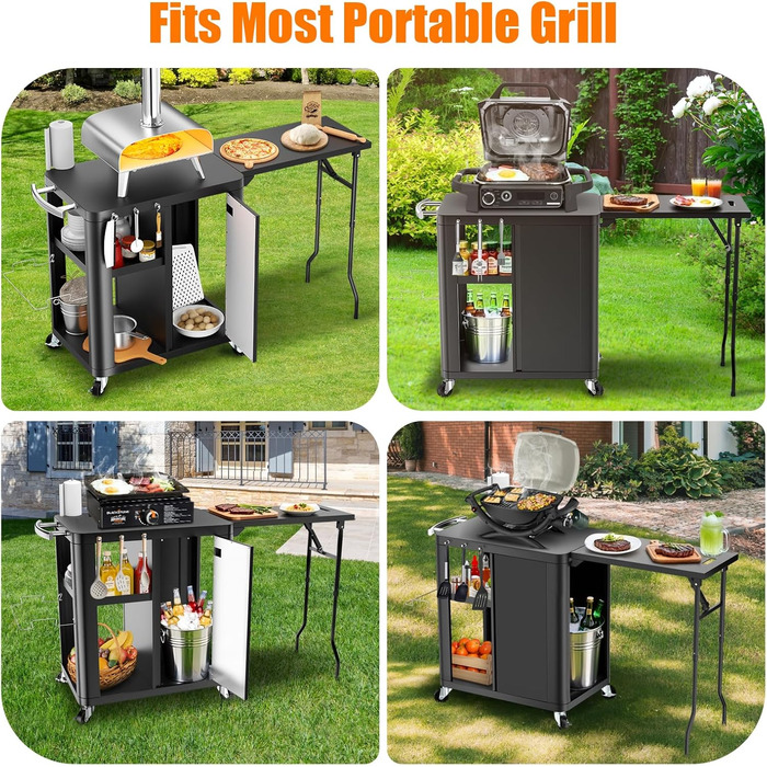 Гриль-возна Гриль-стіл з відкидним столиком, вулична кухня з гачками, полицею та шафкою, сервізний візок на колесах, чорний (143×37×89 см)