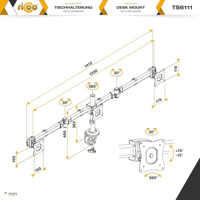 Підставка для монітора RICOO на 2 монітори, Dual Monitor Arm, TS7811, для комп'ютерів та ігор, 13-27 дюймів