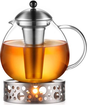 Скляний скляний Срібний чайник з нержавіючої сталі 18/8, сито для чаю з боросилікатного скла, чайник, підходить для підігріву чаю (Тип2-2, Срібний чайник з ручкою, 2000 мл)