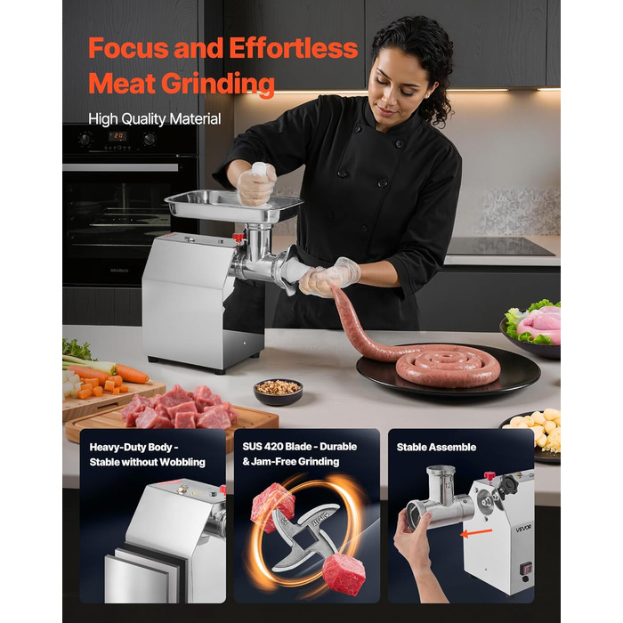 Електрична м'ясоподрібнювач VEVOR, 850 Вт, 3.2 кг/хв, з лезом та диском, для кухні та ресторану
