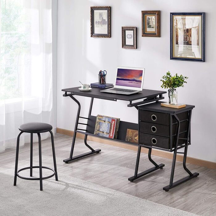 Письмовий стіл Yaheetech з відкидною стільницею та бічним столиком з 3 ящиками, круглим стільцем і полицею для зберігання для письма/читання/малювання/малювання