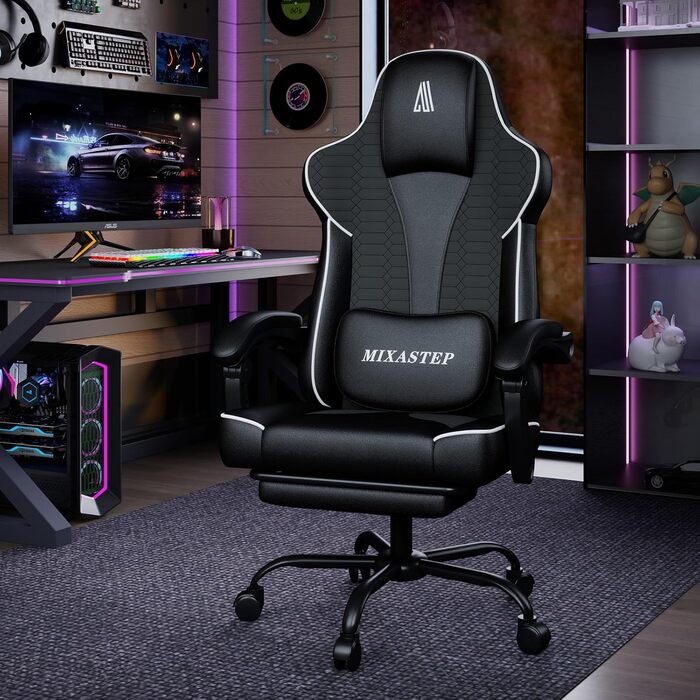 Ергономічне геймерське крісло з підніжкою, підголівником та підтримкою попереку. Регульоване геймерське крісло для дому та офісу. Біле.