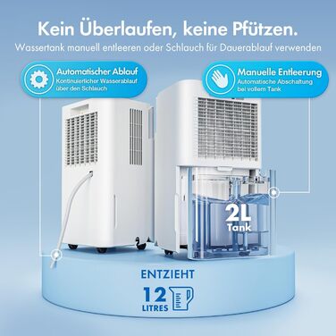 Електричний осушувач повітря VonHaus 12L/24г, для підвалу та приміщень до 125м³, тихий 39dB, з таймером та шлангом для зливу, проти вологи та плісняви