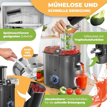 KESSER® Електрична центрифужна соковитискачка для фруктів та овочів з нержавіючої сталі, 1100W, велика завантажувальна воронка, 3 швидкості, сірий/сріблястий (чорний)