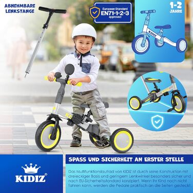 Біговел-триколіс KIDIZ 6-в-1 для дітей від 1 до 5 років (до 25 кг), сірий: з ручкою, захисним бампером, ременем безпеки, дзвінком та дзеркалом