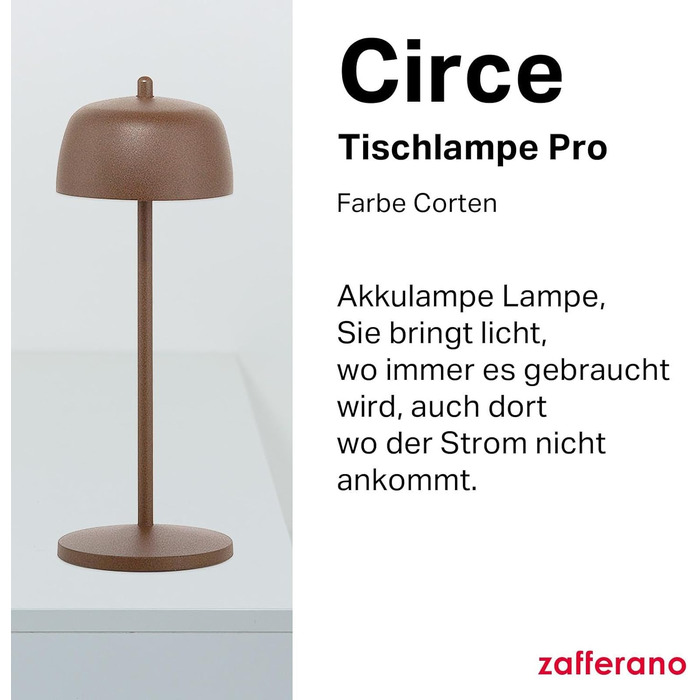 Zafferano Circe: Бездротова LED-лампа для дому та саду, Corten, 30 см, димер, 2200-3000K, керування кнопкою