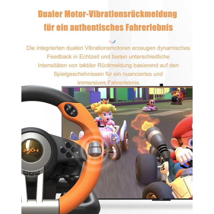 Ігровий кермо PXN V3 Pro з педалями, 180° поворот, вібрація, перемикачі на кермі та педалях - для PC, PS4, PS3, Xbox, Nintendo Switch (Помаранчевий)