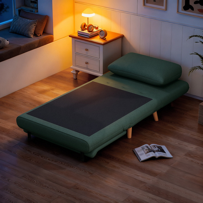 Тріо-функції: розкладний крісло-ліжко, крісло для відпочинку, регульована спинка, букові ніжки, подушка, темно-зелений