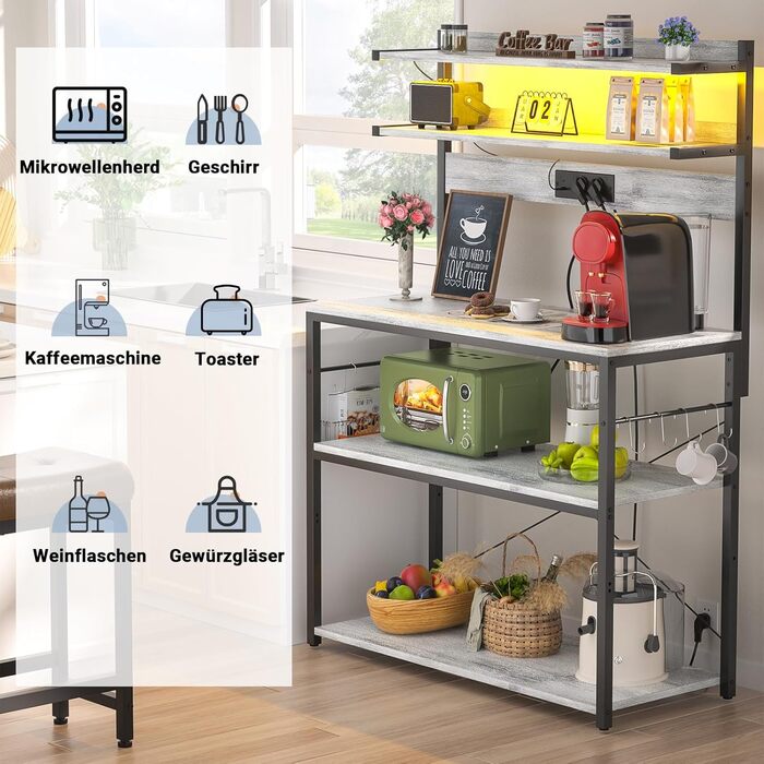 Кухонна полиця-стійка з розеткою, підставка для мікрохвильовки, 5-рівнева кавова станція з LED-підсвіткою, полиця для спецій, каструль та сковороди (80см, Білий дуб)