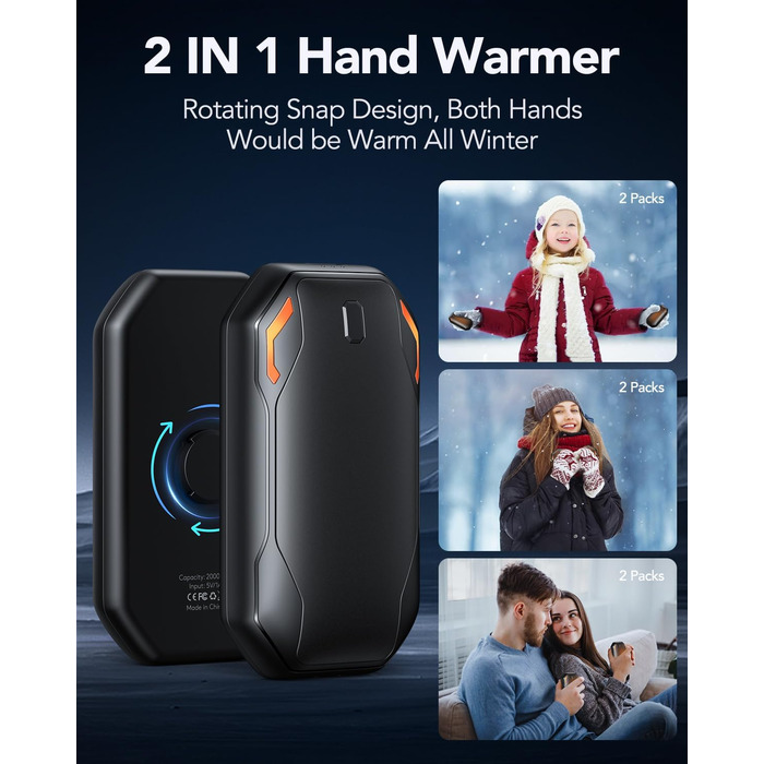 Електричні грілки для рук PHEJIE, 2 шт. з підзарядкою, 3 режими нагріву, портативні, для активного відпочинку, кемпінгу, гольфу, подарунок для жінок та чоловіків, чорний