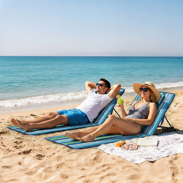 Набір з 2 пляжних килимків з регульованою спинкою, складані легкі шезлонги з подушками та сумкою для зберігання